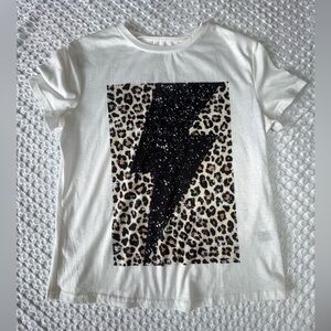 White Womans Graphic Tee with Leopard & Black Lightning Bolt